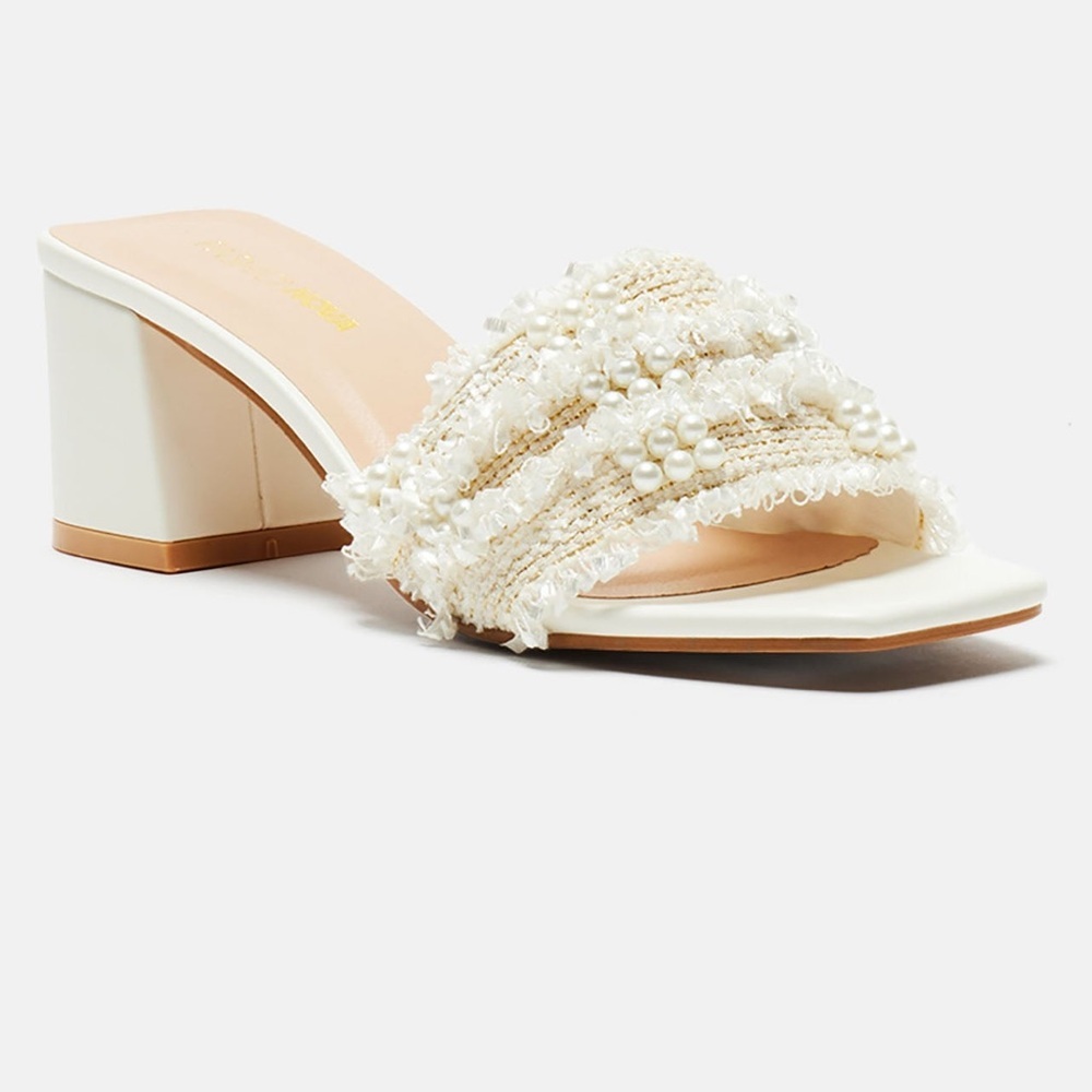 Fashion Nova Ivory Pearl-Embellished Block Heel Mules